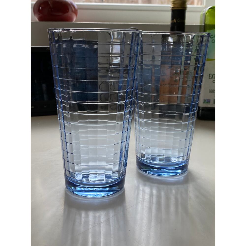 Pasabahce‎ Pair of Blue 6" Drinking Glasses Optic Windowpane Block Pattern